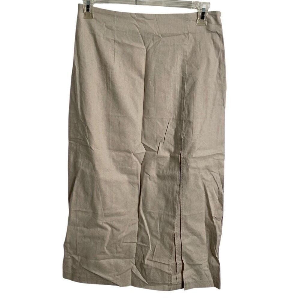 ASOS Womens Linen Blend Midi Pencil Skirt 10 Beige High Slit Old Money Unlined